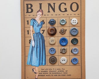 Vintage Buttons hand sewn on a Vintage Bingo Card