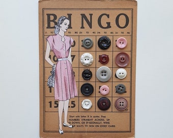 Vintage Buttons hand sewn on a Vintage Bingo Card