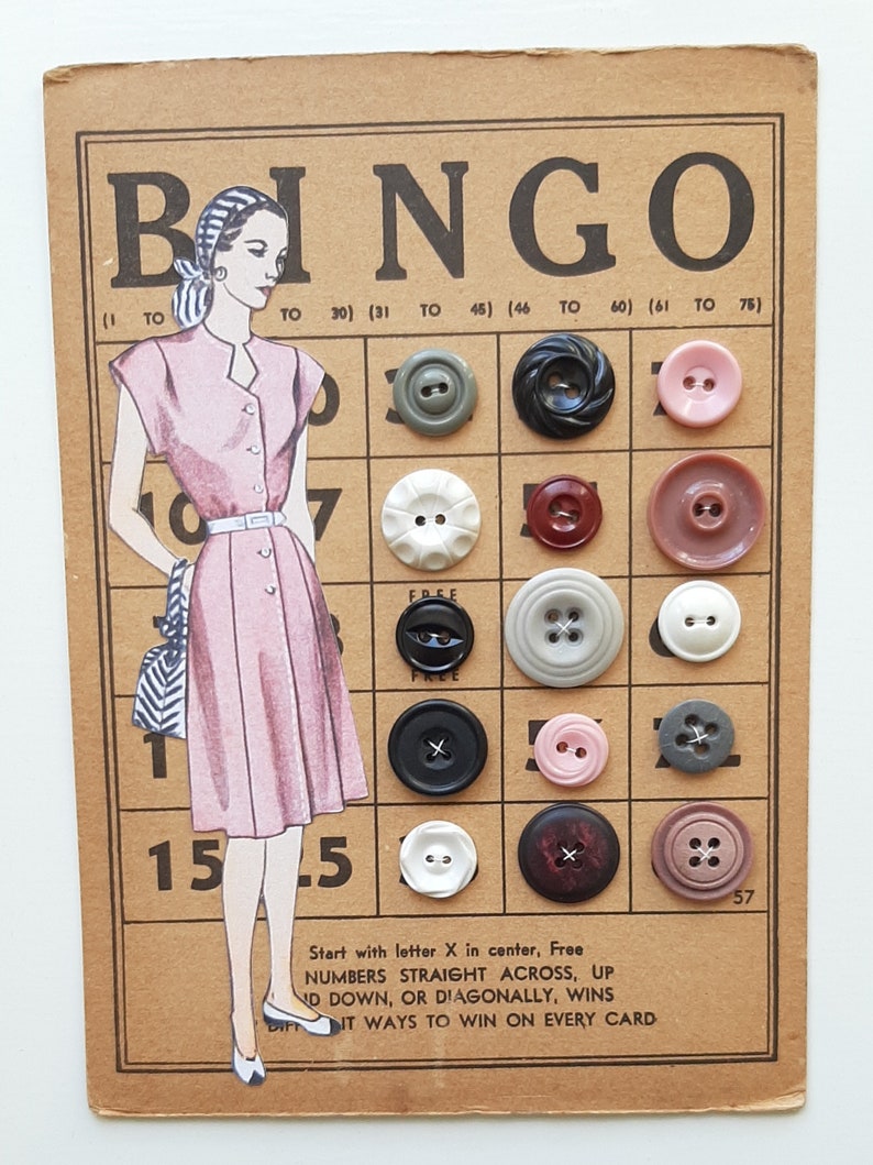 Vintage Buttons hand sewn on a Vintage Bingo Card image 2
