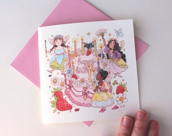 Tarjeta de felicitación en blanco con forma de pastel de feliz cumpleaños de hadas