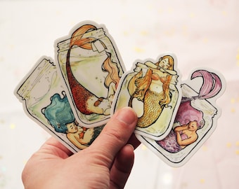 Pegatina de sirena en un frasco, ilustración de cuento de hadas