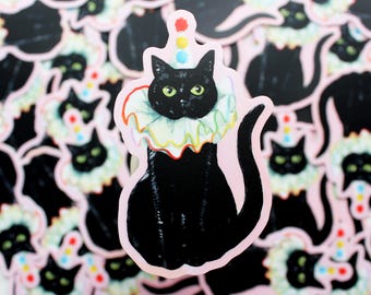 Pegatina de vinilo de payaso de cumpleaños de gato negro