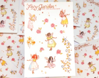 May include: A sheet of stickers featuring fairies with wings, flowers, and stars. The stickers are on a white background and have a whimsical, fairy garden theme. The text "Fairy Garden" and "Part Time Princess Shop" is printed on the sheet.