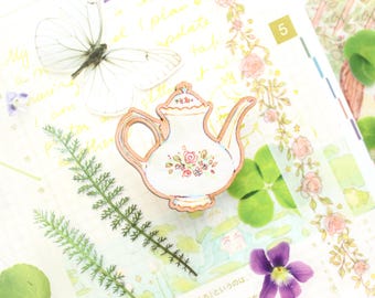Rose Flower Teapot Wooden Pin