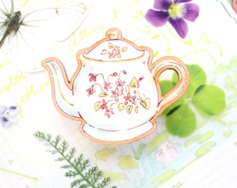 Violet Flower Teapot Wooden Pin