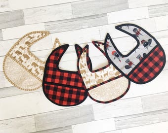 Set of 4 Cute Baby Boy Bibs, Bibs, Practical Bibs, Lumberjack Themed Bibs, PUL Lined Bibs, WaterProof Bib, Bib with pocket