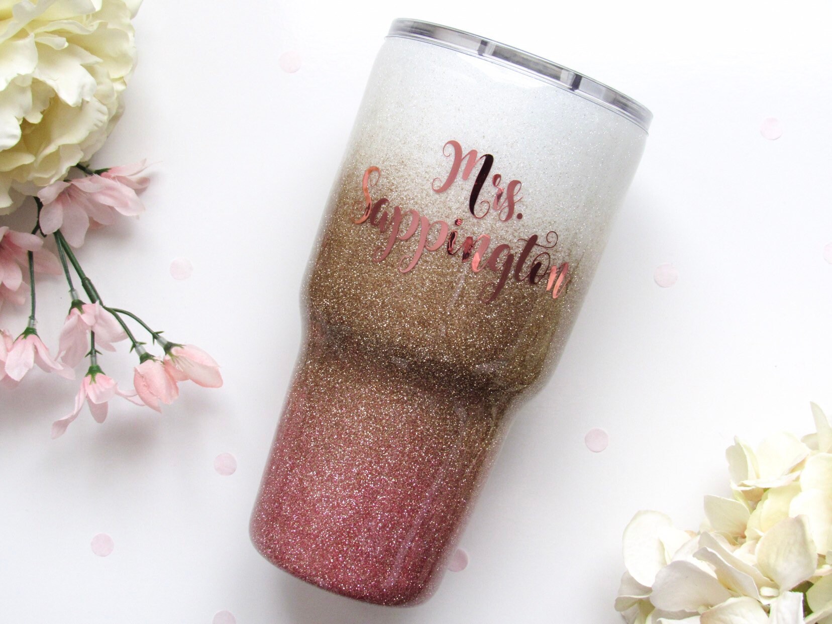 White Champagne Gold And Rose Gold Ombre Glitter Tumbler Etsy