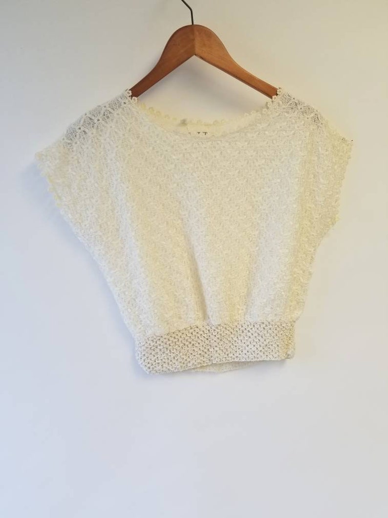 Vintage 50s Crop Top cropped white crochet shirt Pin Up rockabilly summer top 1950s Xs S