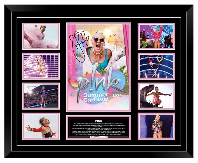 Pink Alecia Beth Moore Summer Carnival 2024 Australia Tour Signed Limited Edition Memorabilia Frame afbeelding 2