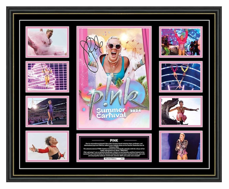 Pink Alecia Beth Moore Summer Carnival 2024 Australia Tour Signed Limited Edition Memorabilia Frame afbeelding 1