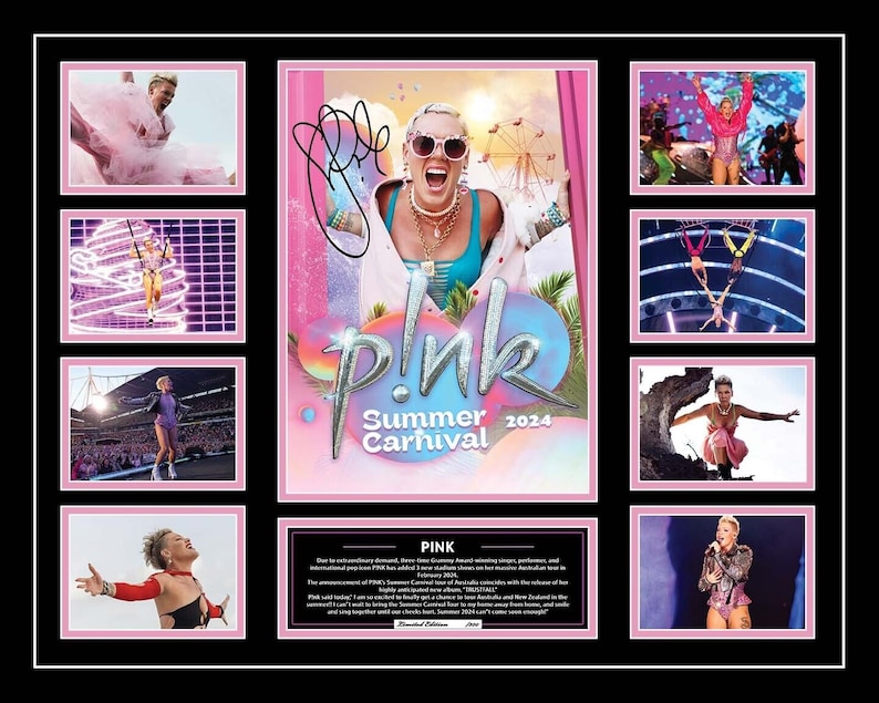 Pink Alecia Beth Moore Summer Carnival 2024 Australia Tour Signed Limited Edition Memorabilia Frame afbeelding 5