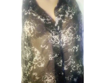 Vintage 80s White Stag Women's  SEXY SHEER  BLOUSE,  See Through Sheer Black White Floral Embroidered l long sleeve Plus Size 22/24 2x 3x