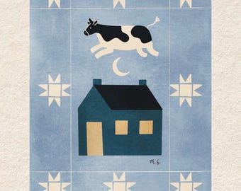 Cow Jumping Over the Moon Art Print 5x7, 8x10, 11x14