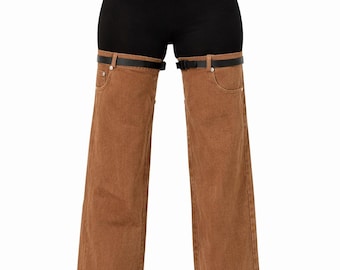 Black Leggings with Brown Denim Thigh Chaps, Y2K Statement Pants, Festival Outfit, Streetwear Fashion Pants, Detachable Denim Leg Warmers