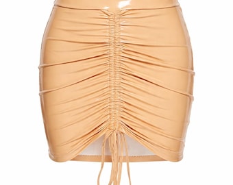 Beige Vinyl Ruched Mini Skirt, Patent Leather Look Skirt, Latex Look Bodycon Skirt, Festival Outfit Skirt, Sexy Club Skirt