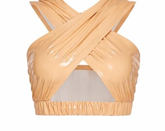 Beige Vinyl Halter Crop Top, Patent Leather Look Top, Cross Front Festival Top, Latex Look Clubwear, Sexy Night Out Top