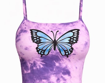 Butterfly Crop Top, Purple Tie Dye Tank Top, Y2K Butterfly Shirt, Aesthetic Crop Top, Summer Festival Top, Cute Butterfly Top