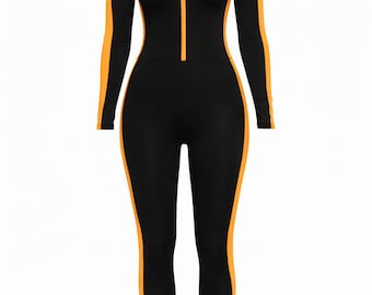 Black Orange Zip Jumpsuit, Athletic One Piece Outfit, Sporty Zip Jumpsuit, Long Sleeve Bodycon Jumpsuit, Activewear Outfit