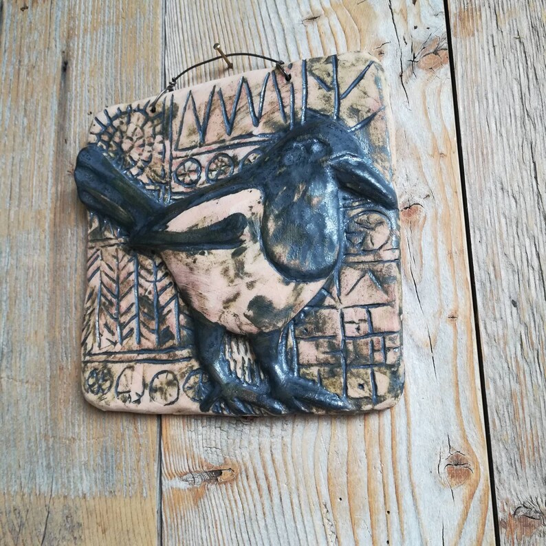 Magpie ceramic tile with hand drawn patterned background Etsy