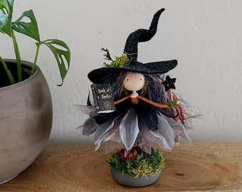 Handmade Kitchen Witch Doll with Spell Book, Halloween Figurine