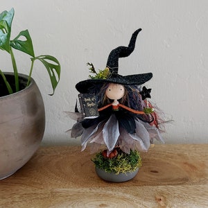 Kitchen Witch Doll Crazy Hair on Base by Wands and Willows, Mini Book of Spells, Spirit Doll, Handmade Halloween Witch, Small Witch Figurine