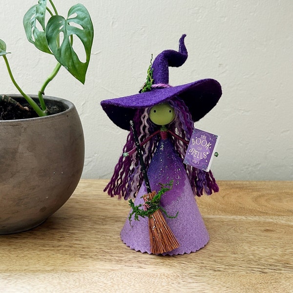 Wicked Witch Doll with Spell Book by Wands and Willows, Witch Art, Purple Witch, Handmade Witch Figurine, Gift for Witch, Kitchen Witch Doll