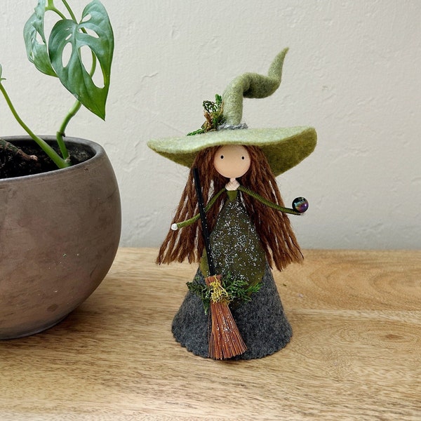 Kitchen Witch Doll Brown Hair with Orb by Wands and Willows, Green Witch, Witch Cottage Decor, Gift for Witch, Witch Art, Spirit Doll