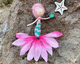 Small Mermaid Doll Ornament with Shell by Wands and Willows, Fairy Doll, Ocean Gift for Her, Mermaid Art, Lake House Decor, Nautical Decor
