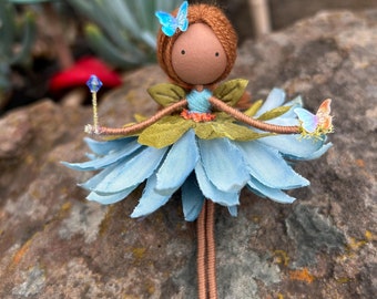 Handmade Flower Fairy Doll, Blue Dress, Crystal Wand