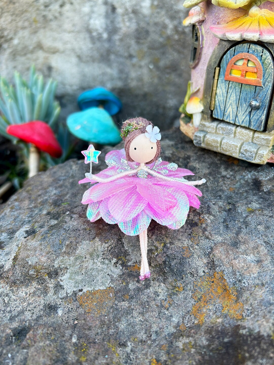 Fairy Doll in Pink Iridescent Dress by Wands and Willows, Brown Hair