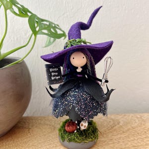 Kitchen Witch Doll with Whisk and Cookbook Wands and Willows, Purple Witch Doll, Spirit Doll, Kitchen Witch Decoration, Spooky Girl Doll