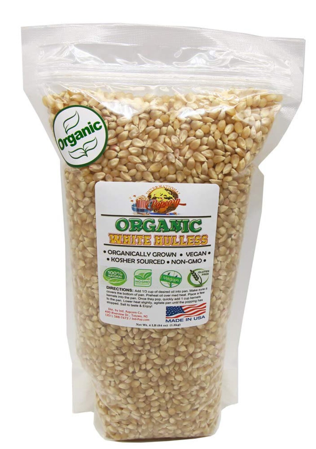 Organic White Virtually Hulless Popcorn Kernels USA GROWN All