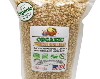 Organic, White Virtually Hulless Popcorn Kernels USA GROWN - All Natural, Vegan, Non GMO, Gluten Free, Kosher Sourced