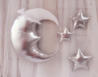 Silber Mond Wandbehang,3D Dekoration, 1 Mond und 3 Sterne