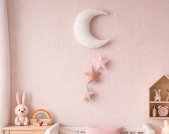 Moon and stars wall hanging, moon nursery decor,soft cotton stars,moon mobile,baby shower, nursery sky decor
