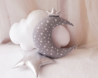 3er Set - Mond, Wolke und silberner Stern, Kissen, Kinderzimmerdeko, Geschenk für Baby, Jungenkissen, Mädchenkissen, Kinderzimmerdeko