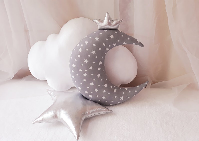 Set of 3 piece-moon,cloud and silver litle star, cushion,nursery decor,gift for baby,boy pillow,girl pillow,nursery decor gray