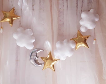 Gold Stars, Moon and Clouds Garland, Nursery Decor, Crib Banner,gold star banner,gold stars garland,sky nursery decor,baby shower,baby gift