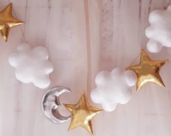 Gold Stars,moon and clouds garland,nursery decor,crib banner,wall decor,twinkle twinkle little stars,baby shower,gift for baby,wall decor