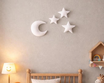 Set Boucle Moon and 3 stars wall decor,set sky decor wall hanging,Nursery wall decor,Moon and stars wall hanging