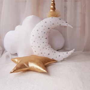 Set moon,cloud,star pillow,moon pillow,unicorn pillow,gold star,white cloud