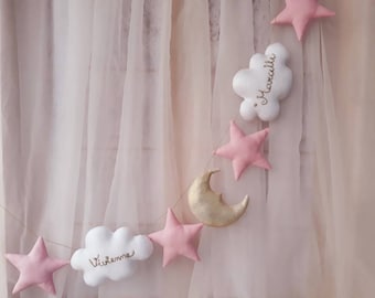 Wolken, Sterne, Mond Girlande, personalisierte Girlande, Baby-Dusche, Geschenk für Baby, Kinderzimmer Dekor, Wand Kinderzimmer Dekor