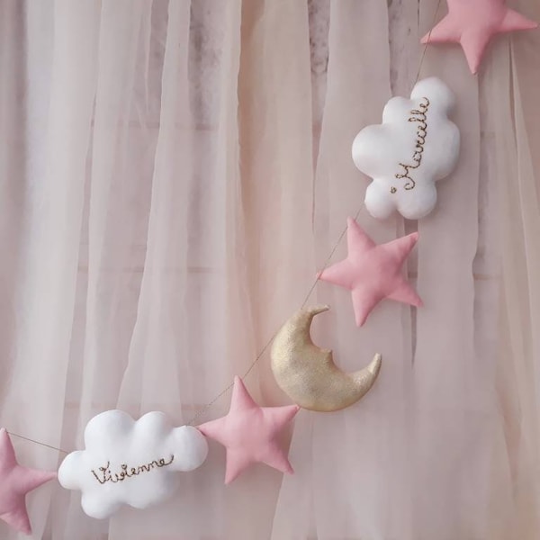 Clouds,stars,moon garland,personalized garland,baby shower,gift for baby,nursery decor,wall nursery decor