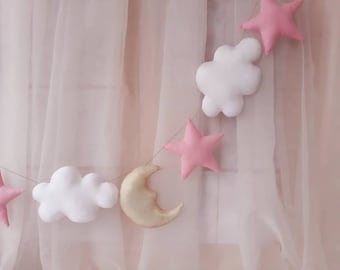 Clouds,stars,moon banner,custom color,nursery decoration,kids room decor,wall hanging