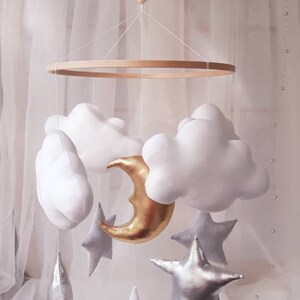 Moon,clouds and stars baby mobile,Gold mobile,Nursery mobile,Crib decor,Monochrome mobile