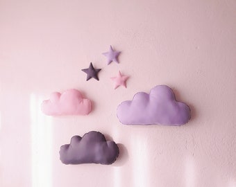 Set of 3 Clouds and 3 stars wall hanging,clouds decor,clouds nursery decor,cotton fabric clouds ,photo prop