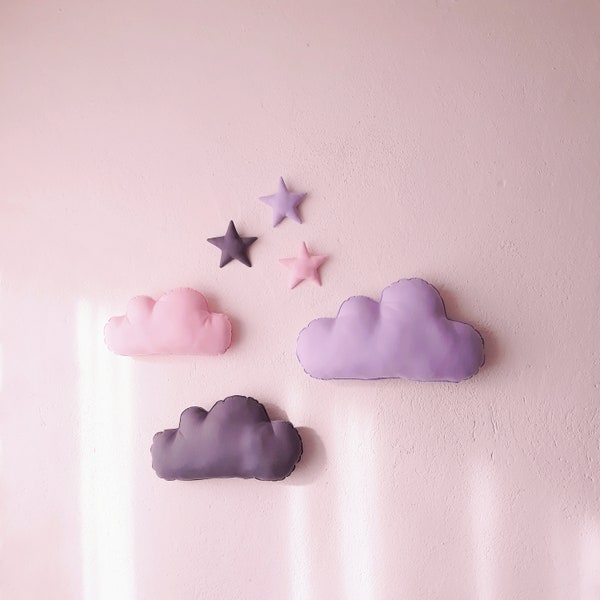 Set of 3 Clouds and 3 stars wall hanging,clouds decor,clouds nursery decor,cotton fabric clouds ,photo prop