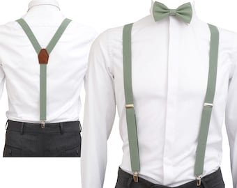Sage Green Linen Bow Tie and Elastic Suspenders Set - All Sizes by Height for Men and Kids - Adjustable Ring Bearer and Groomsmen Outfit