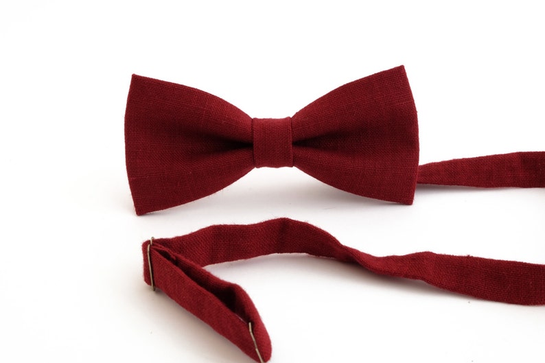 Burgundy Red bow tie, wedding necktie, linen necktie, groomsmen necktie, red necktie, red bow tie for men image 2