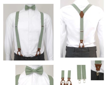 Sage Green Suspenders,Sage Green  Bow Tie,Wedding Accessories,Braces With Leather,Ties,